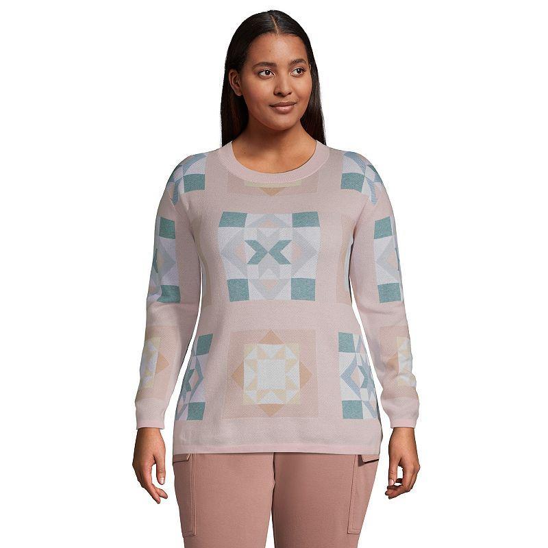 Plus Size Lands End Lightweight Crewneck Sweater, Womens Pink Friends Quilt Product Image