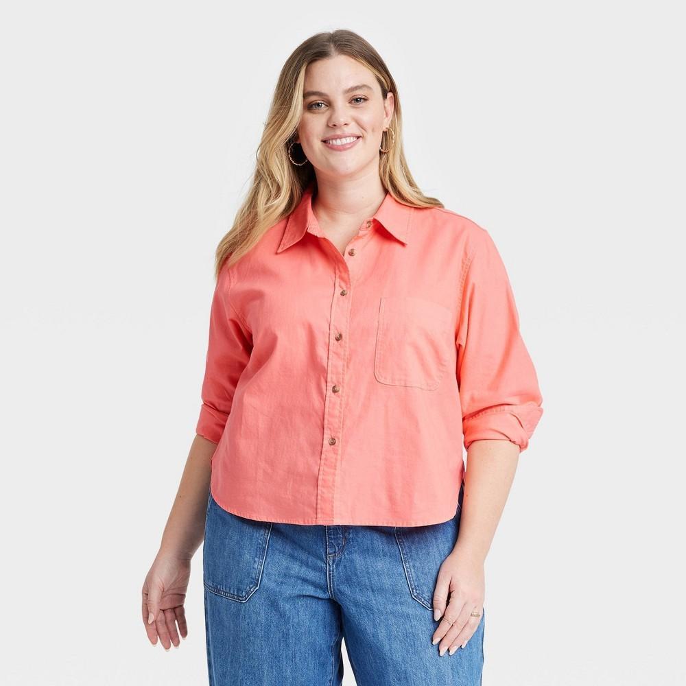 Womens Long Sleeve Collared Button-Down Shirt - Universal Thread Coral 1X Product Image