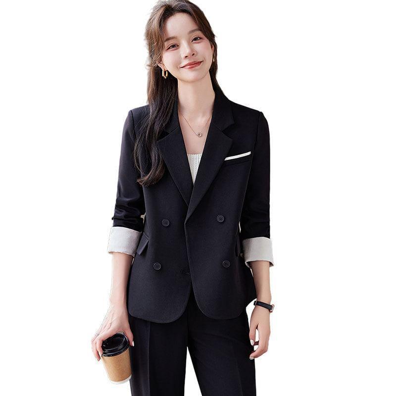 Lapel Collar Plain Single Button Blazer / Mid Waist Plain Wide Leg Slacks / Set Product Image