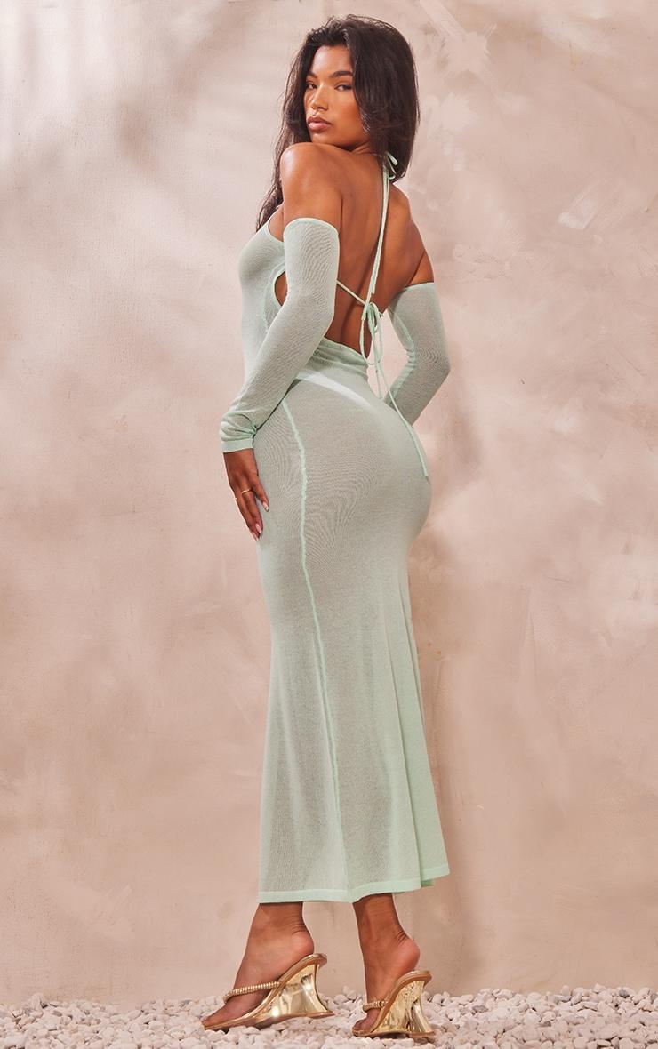 Mint Sheer Knit Halter Neck Long Sleeve Dress Product Image