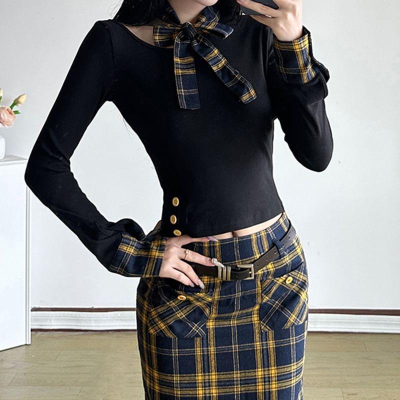 Long-Sleeve Plain Knit Top / High Rise Plaid Pencil Skirt Product Image