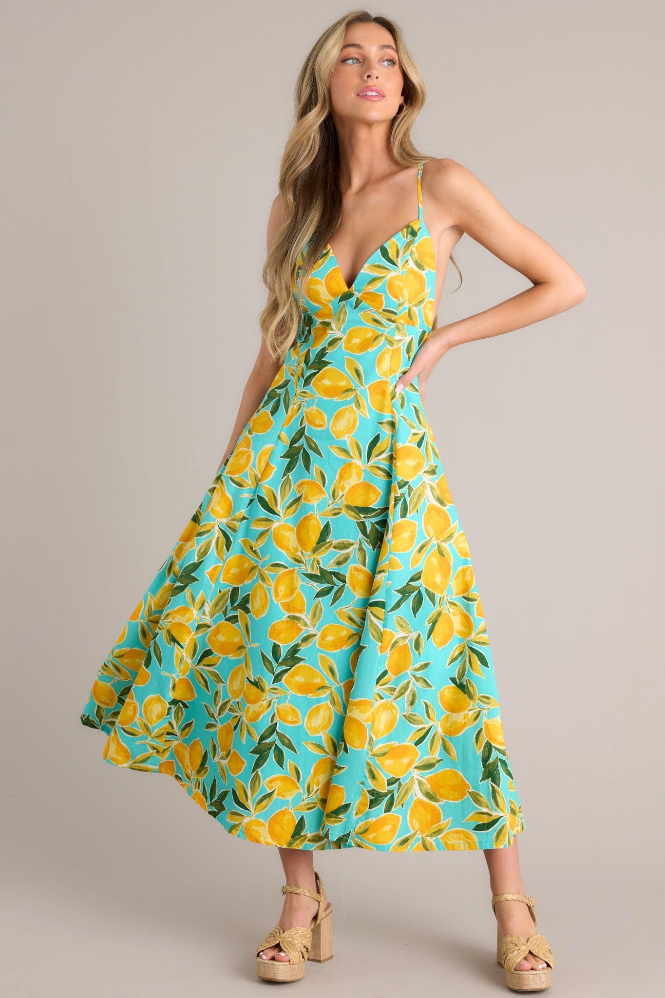 Sunshine Squeeze Aqua Lemon Print Midi Dress Product Image