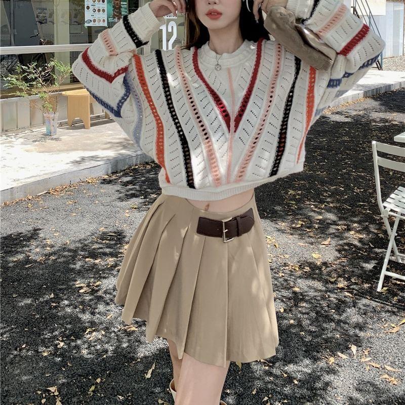 Crew Neck Striped Pointelle Knit Sweater / Cardigan Product Image