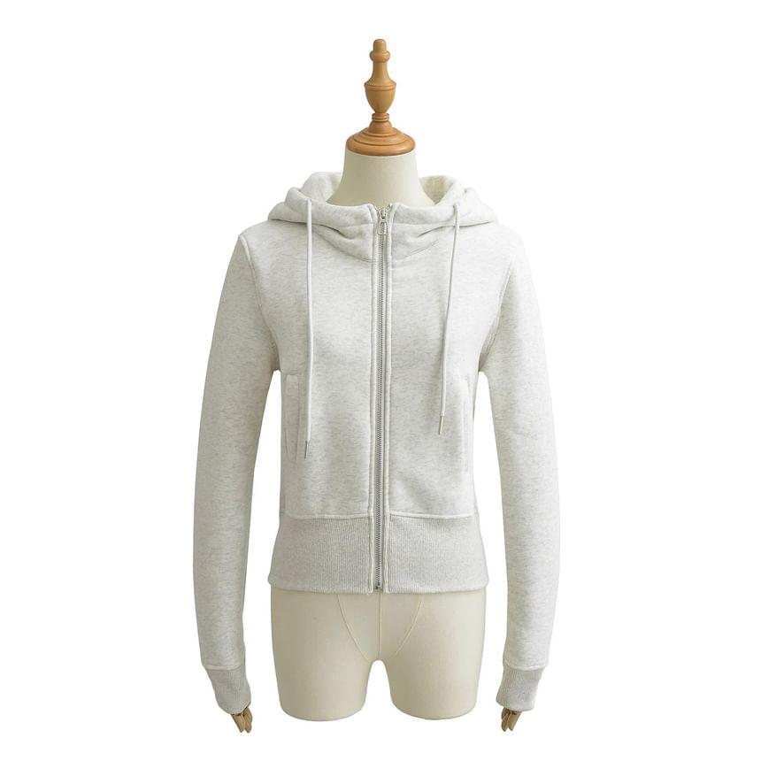 Drawstring Plain Crop Zip Hoodie Product Image