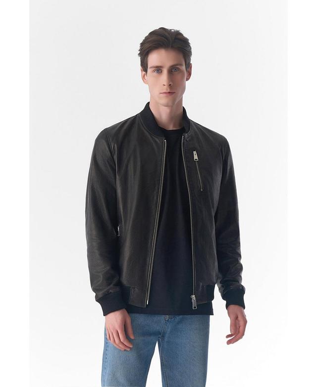 Mens Genuine Leather Bomber Jacket, Natural Grain Black Product Image