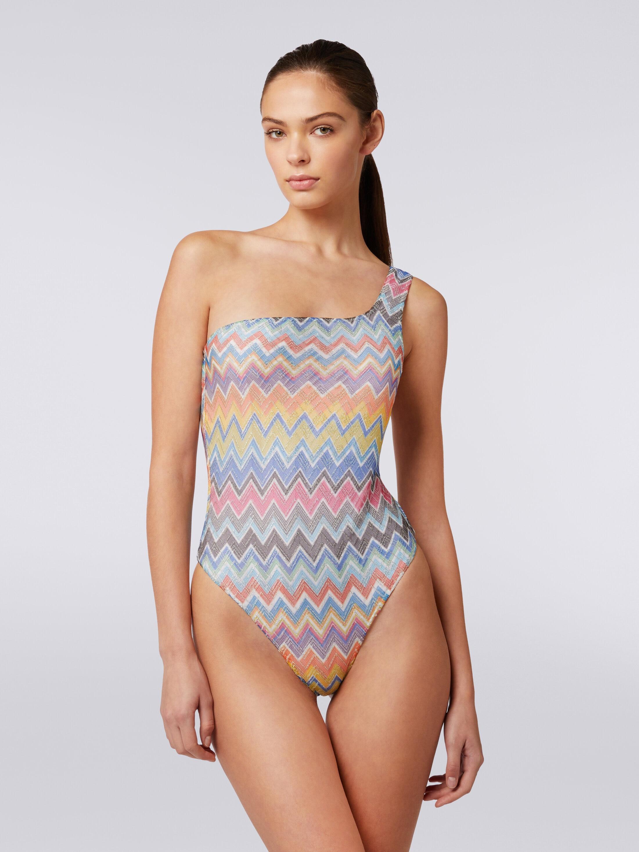 One-shoulder one-piece swimming costume with zigzag print and lurex Product Image