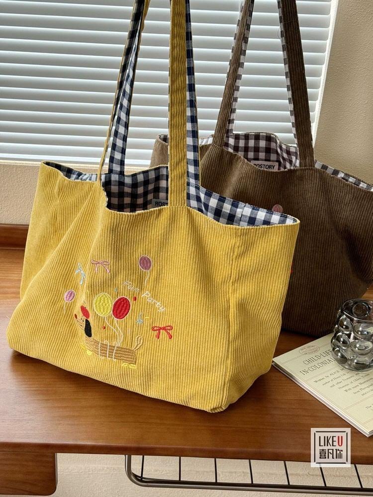 Embroidered Corduroy Tote Bag Product Image