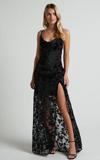 Aletta Maxi Dress - Cowl Cross Back Dress in Ebony Burn Out Floral Product Image