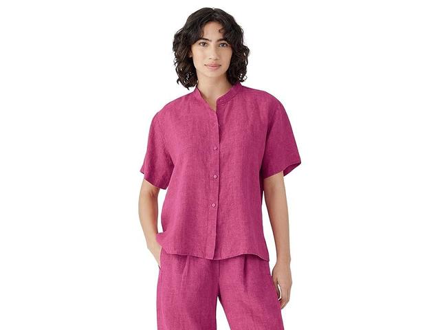 Eileen Fisher Mandarin Collar Short Sleeve Shirt (Geranium) Women's Clothing Product Image