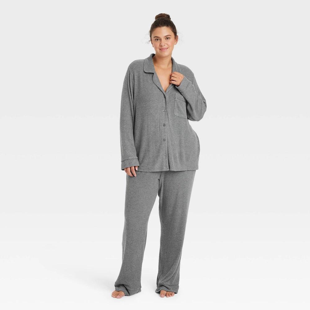 Womens Cozy Ribbed Long Sleeve Notch Collar Shirt and Pants Pajama Set - Auden Dark Gray 4X Product Image