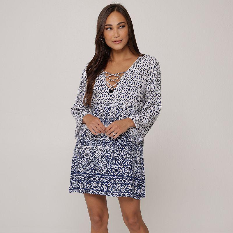 Womens J. Valdi Batik Lace-Up V-Neck Swim Cover-Up Tunic Grey Product Image