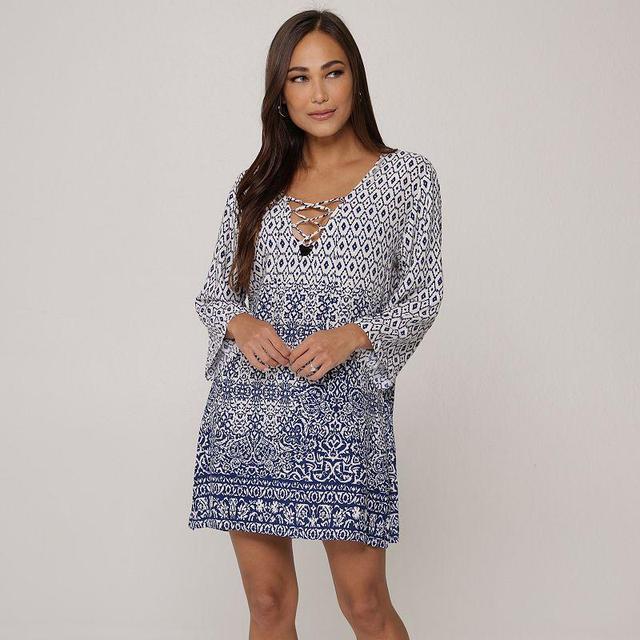 Womens J. Valdi Batik Lace-Up V-Neck Swim Cover-Up Tunic Grey Product Image