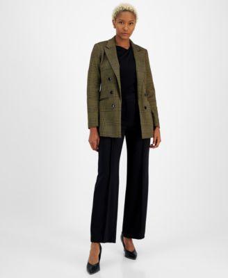 Bar Iii Womens Plaid Open Front Faux Double Breasted Blazer Asymmetric Neck Long Sleeve Top High Rise Wide Leg Pants Created For Macys Product Image