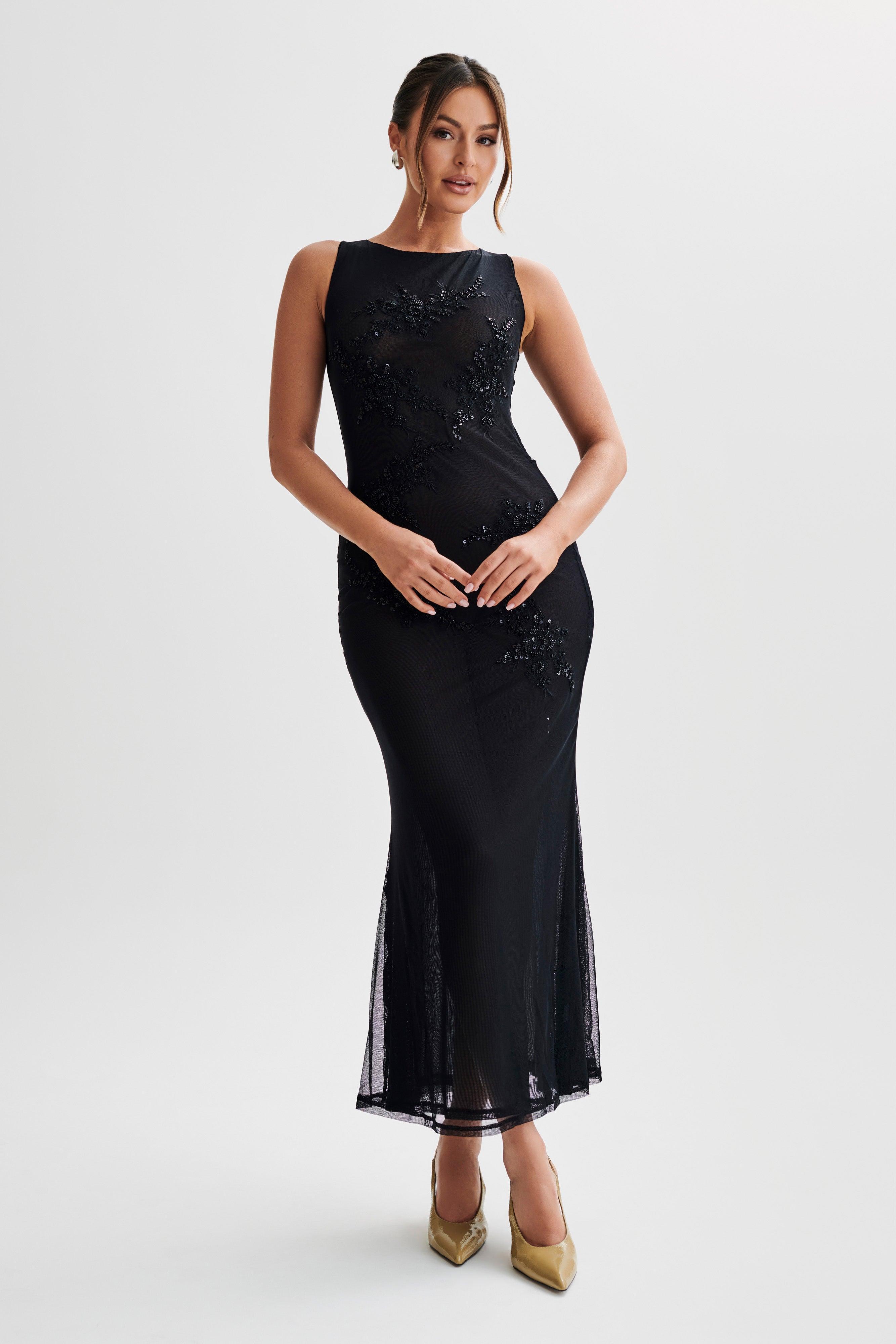 Maeva Embroidered Mesh Maxi Dress - Black Product Image