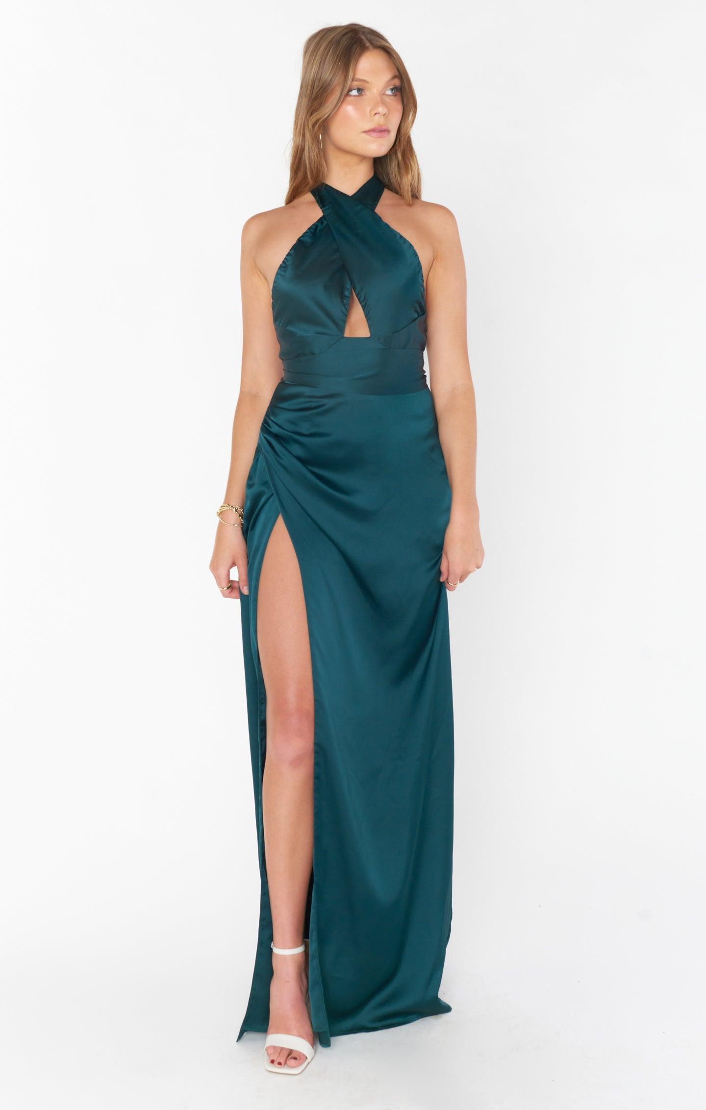 Adele Halter Maxi Dress ~ Deep Emerald Luxe Satin Product Image