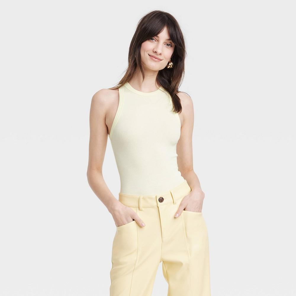 Womens Slim Fit Ribbed High Neck Tank Top - A New Day Light Yellow XL Product Image