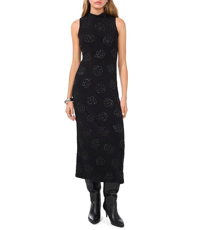 1. STATE Floral Beaded Embellished Knit Mock Neck Sleeveless Bodycon Midi Dress Product Image