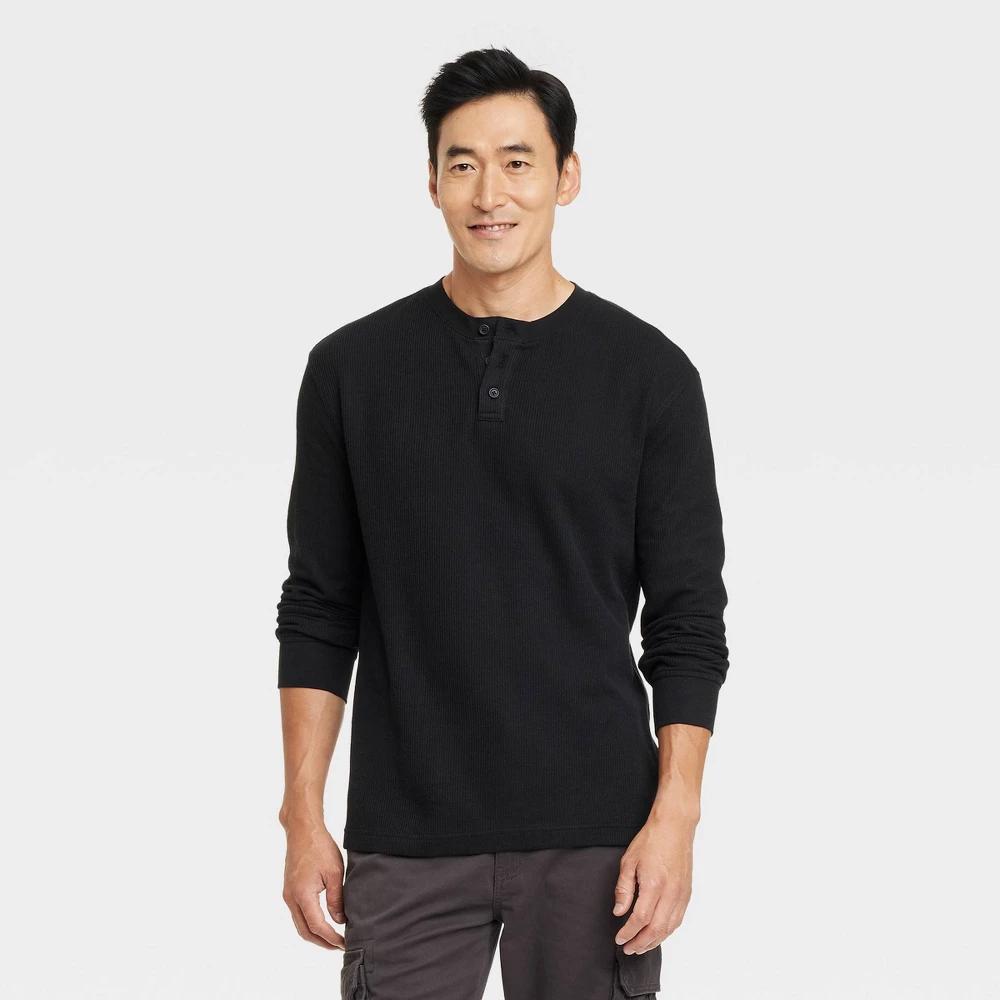 Mens Long Sleeve Textured Henley T-Shirt - Goodfellow & Co Black L Product Image