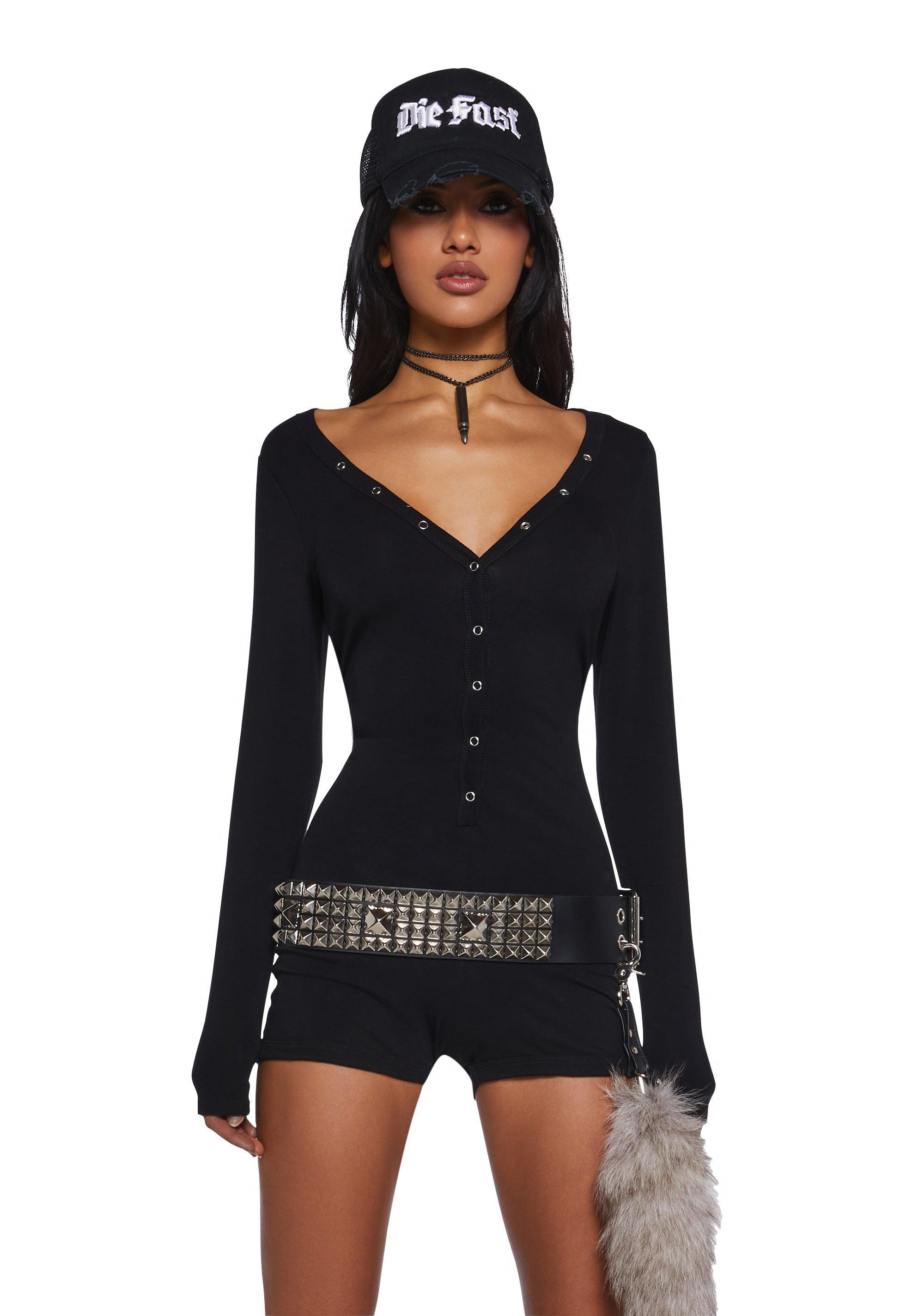 Jersey Knit Romper With Long Sleeves - Black Product Image