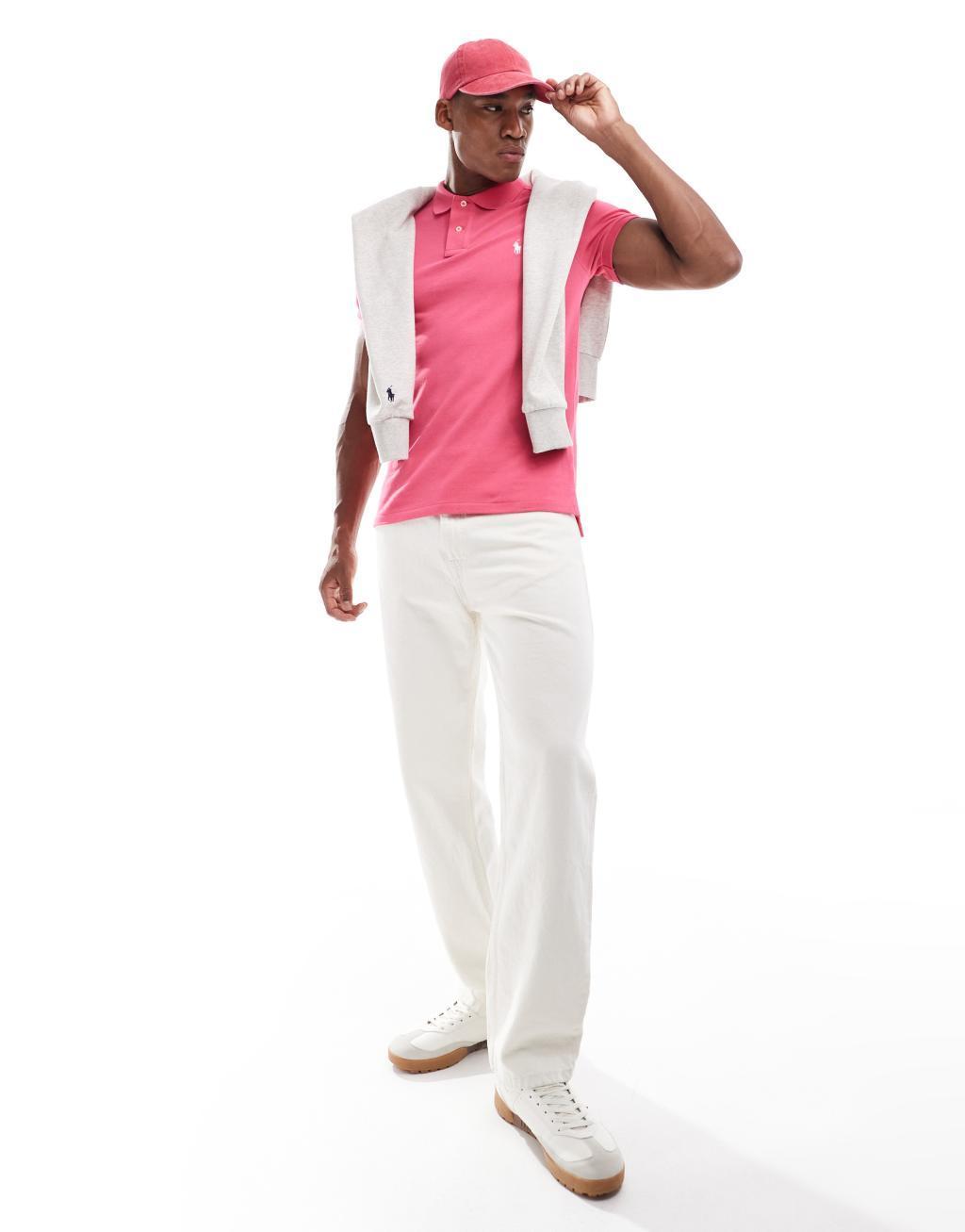 Polo Ralph Lauren icon logo slim fit pique polo in pink Product Image