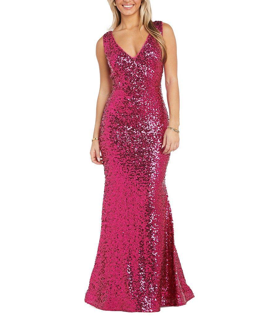 Morgan & Co. Sleeveless V-Neck All Over Sequin Long Dress Product Image