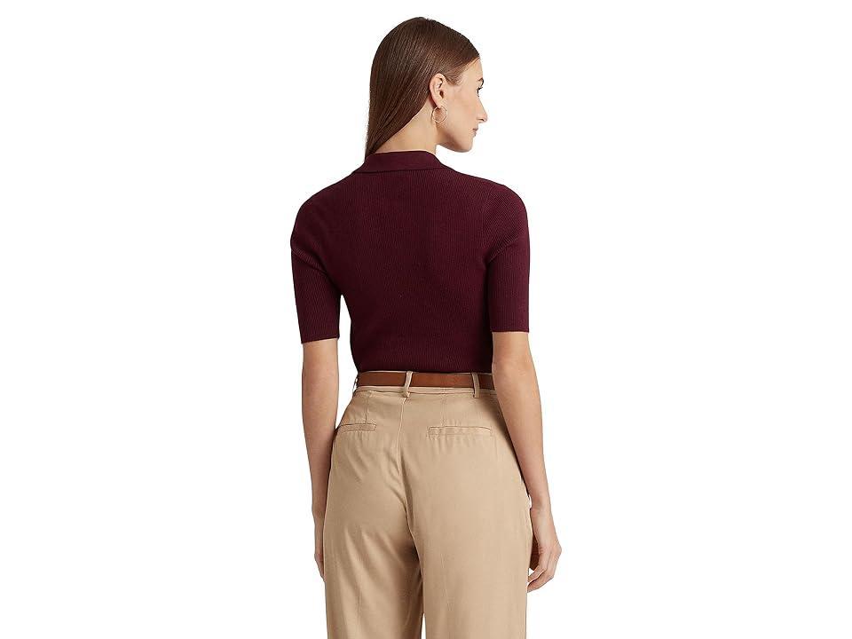 LAUREN Ralph Lauren Rib-Knit Cotton-Blend Polo Sweater (Vintage Burgundy) Women's Clothing Product Image