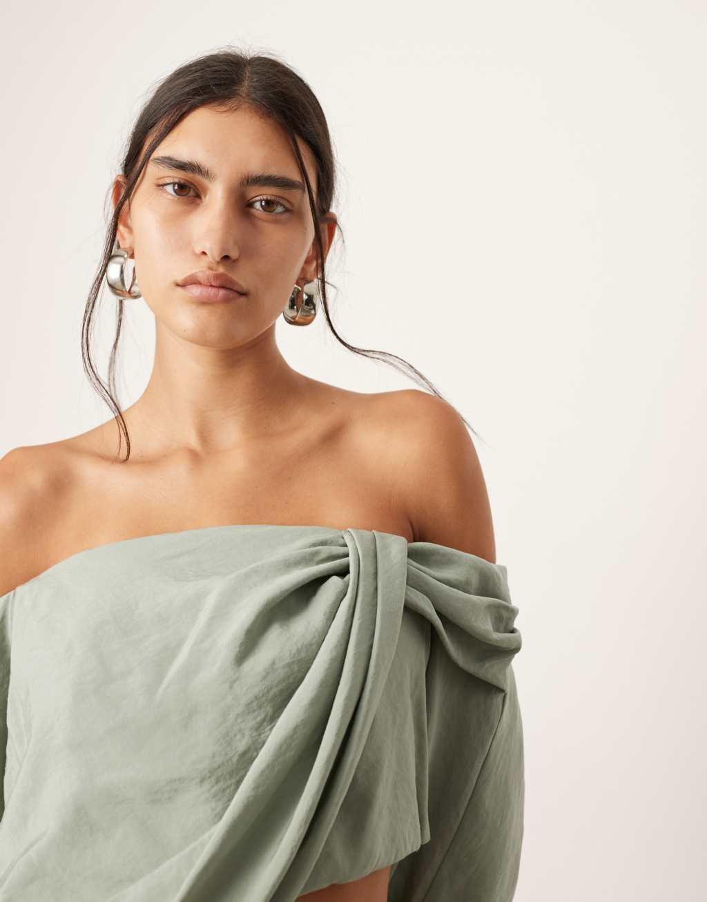 ASOS EDITION twist off-shoulder midi dress with cut-out detail in sage green Product Image