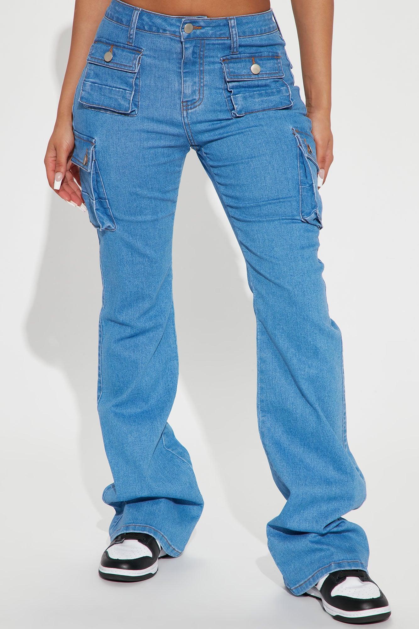 Late Nights Mid Rise Cargo Flare Jeans - Medium Blue Wash Product Image