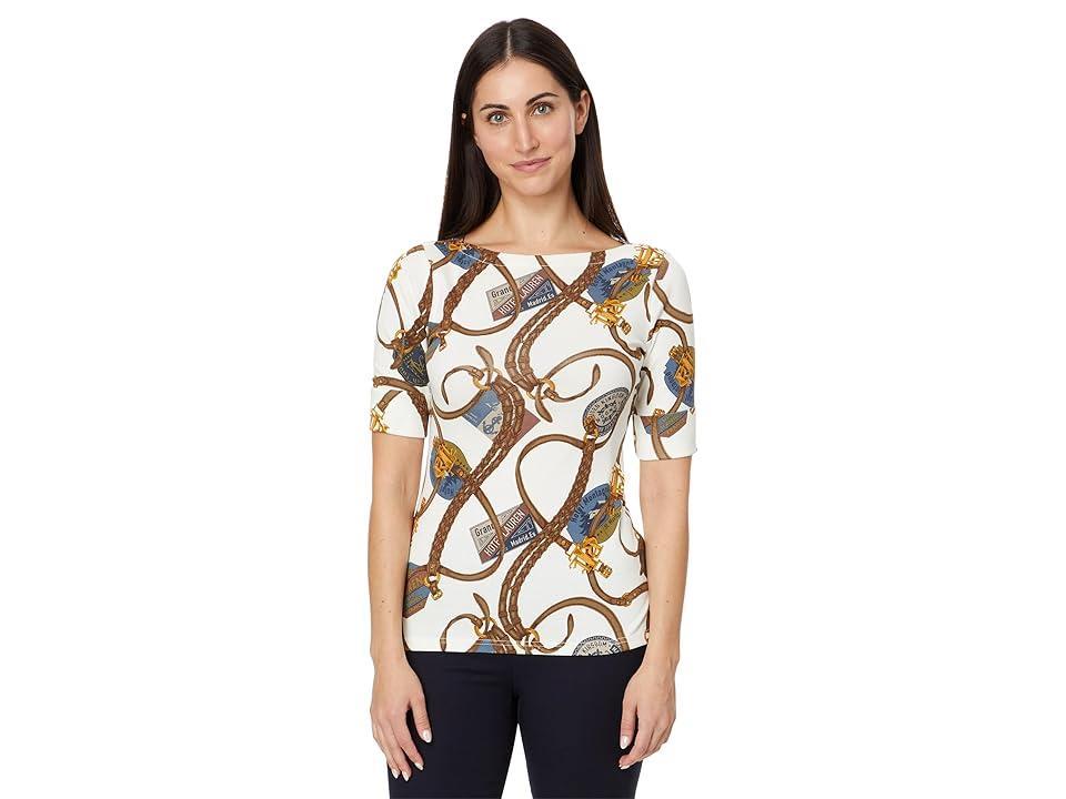 Lauren Ralph Lauren Print Stretch Cotton Boatneck Tee (Cream ) Women's Clothing Product Image