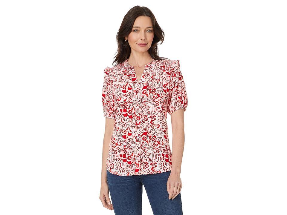 Tommy Hilfiger Womens Printed Smocked-Shoulder Short-Sleeve Top - Ivo Product Image