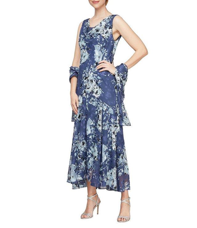 Alex Evenings Sleeveless Cowl Neck Floral Chiffon Long Shawl Sheath Dress Product Image