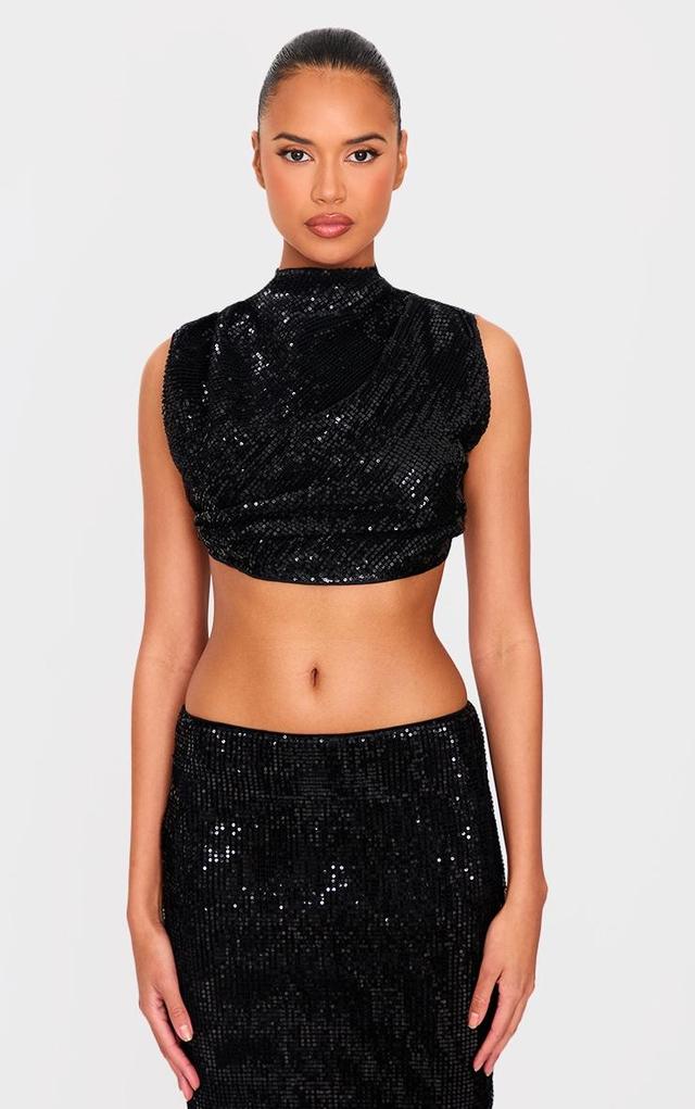 Black Sequin Tie Back High Neck Cowl Crop Top Product Image