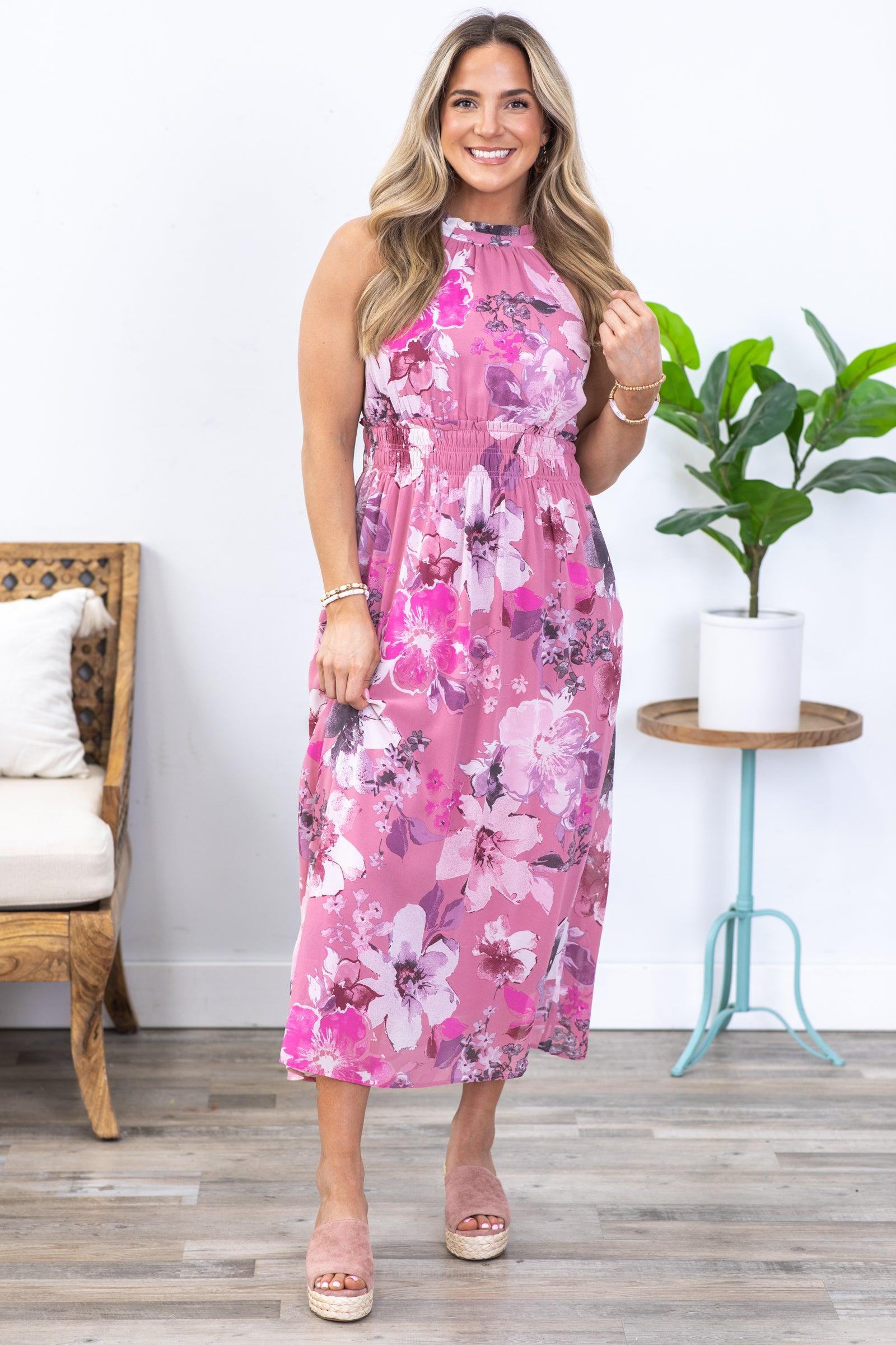 Dusty Pink Floral Chiffon Halter Maxi Dress product image