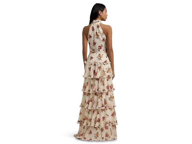 LAUREN Ralph Lauren Floral Crinkle Georgette Tiered Gown (Cream ) Women's Dress Product Image