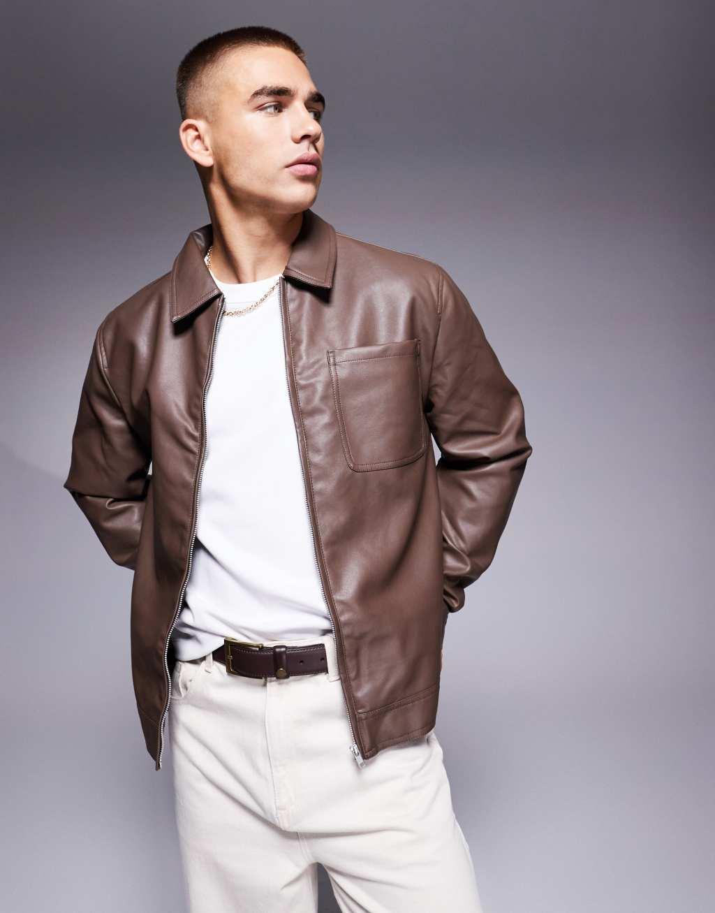 ASOS DESIGN faux leather harrington jacket in brown Product Image