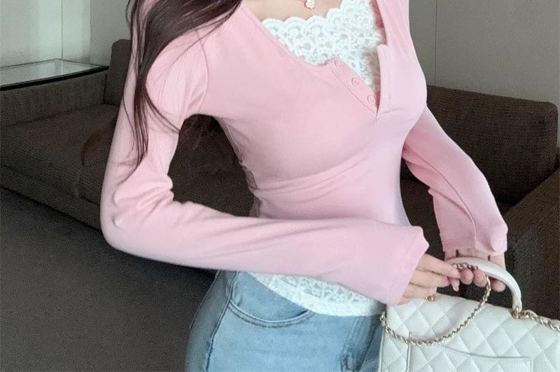 Long-Sleeve Square Neck Mock Two-Piece Lace Panel Slim Fit Crop T-Shirt Product Image