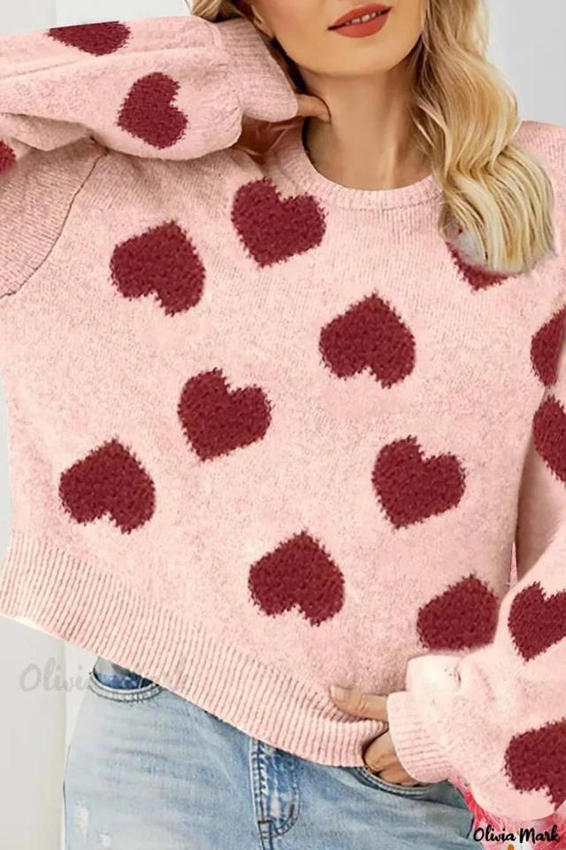 Olivia Mark – Pale Pink Sweater with Valentines Day Heart Pattern and Lantern Sleeves Product Image