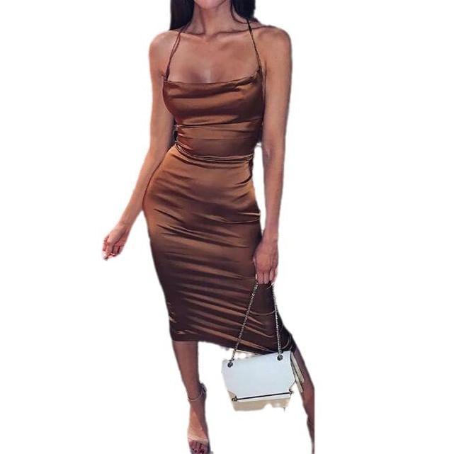 Spaghetti Strap Satin Midi Bodycon Dress Product Image