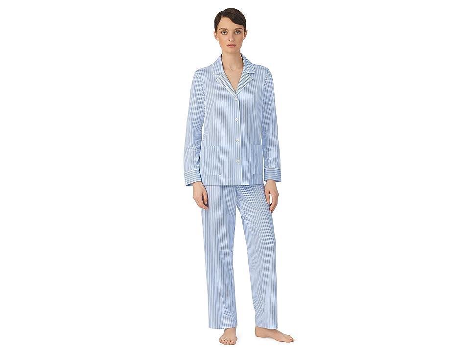 LAUREN Ralph Lauren Organic Cotton Long Sleeve Notch Collar PJ Set Stripe) Women's Pajama Sets Product Image