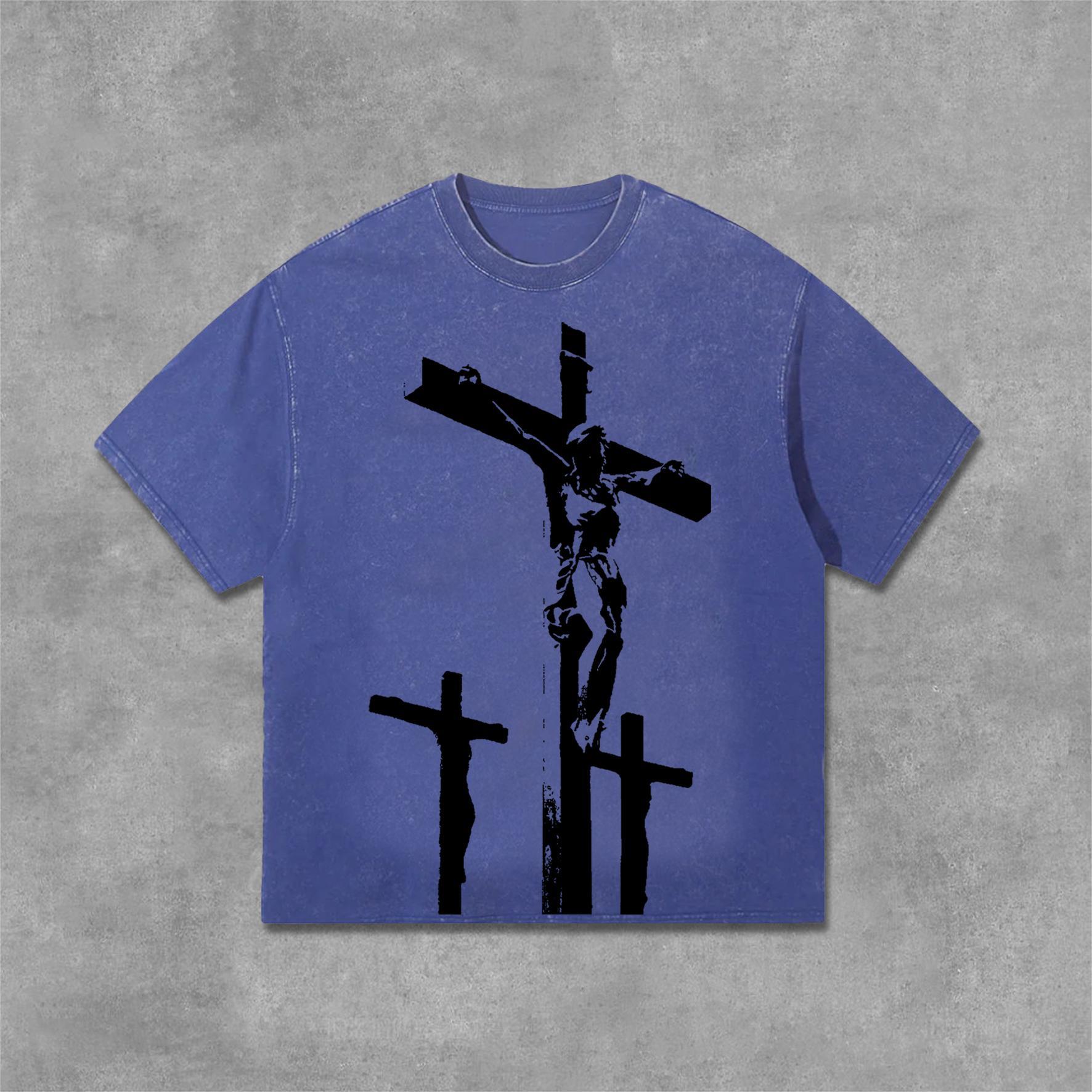 Jesus Cross Graphics Print Acid Washed T-Shirt Product Image