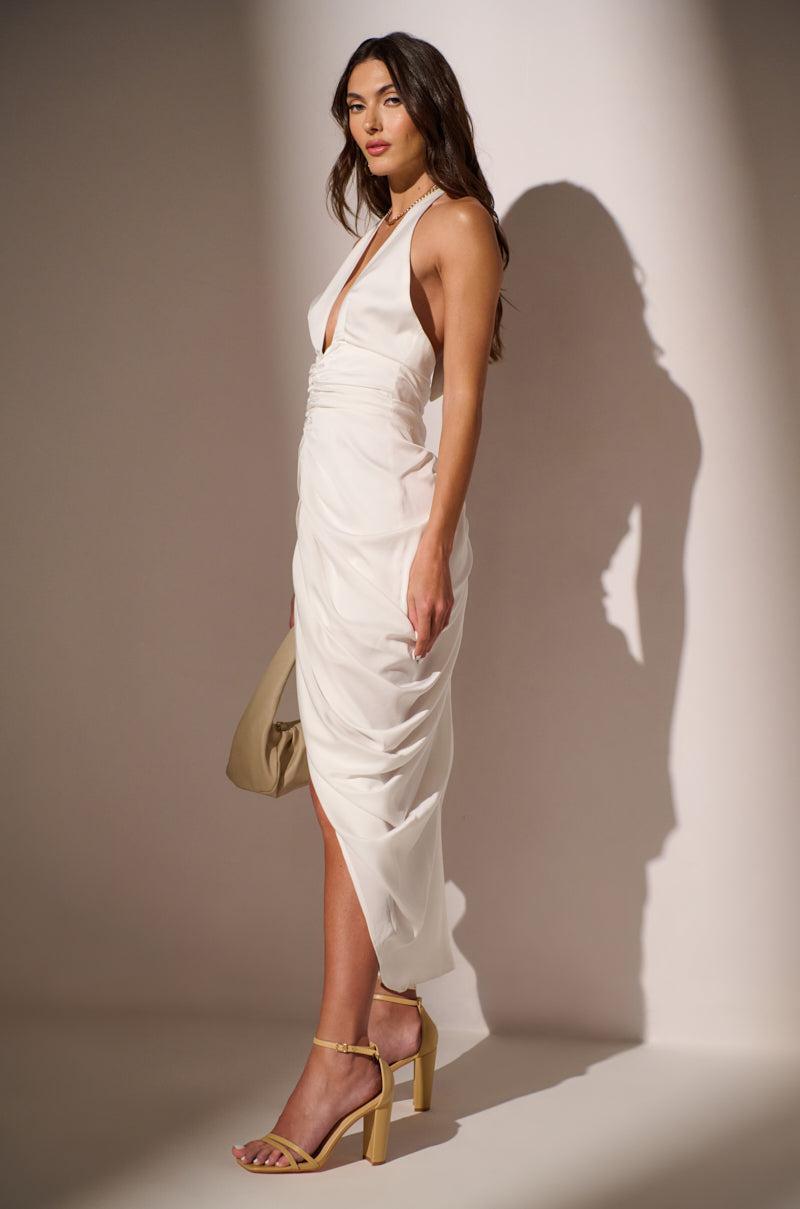 LOOK TWICE RUCHED MIDI DRESS IN WHITE Product Image