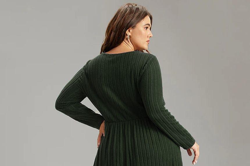 Plus Size Long-Sleeve Striped Midi A-Line Dress Product Image