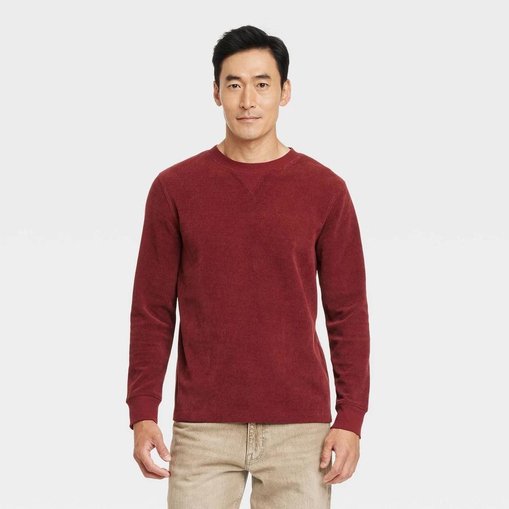 Mens Long Sleeve Textured Crewneck T-Shirt - Goodfellow & Co Maroon L Product Image