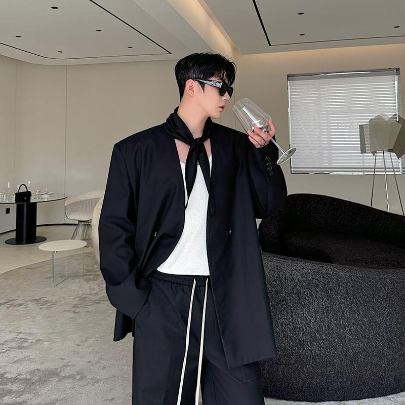 Set: Lapel Collar Plain Single Breasted Blazer + Mid Rise Plain Wide Leg Dress Pants Product Image