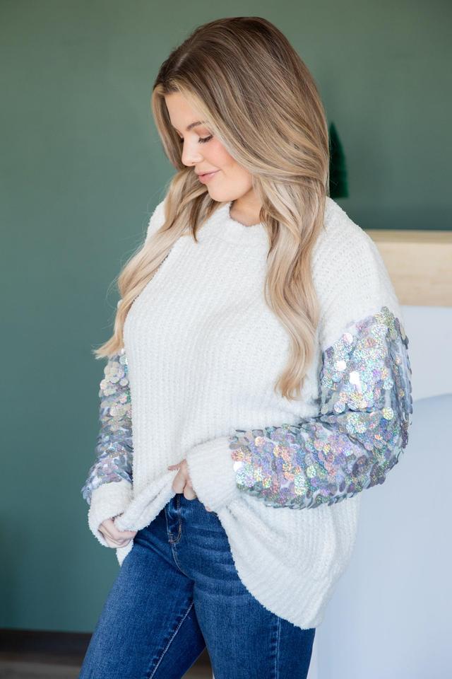 Ivory Sweater With Pailette Sleeve Detail Product Image