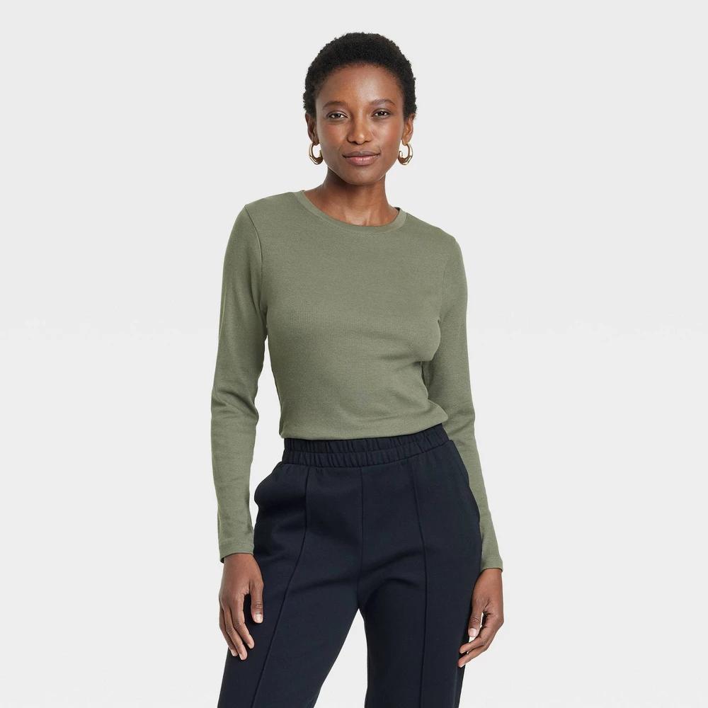 Womens Long Sleeve Ribbed T-Shirt - A New Day Olive XL Product Image