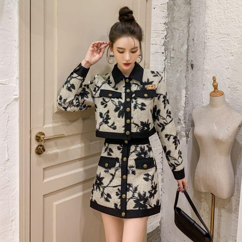 Set: Collared Jacquard Button-Up Crop Jacket + Mini Skirt Product Image