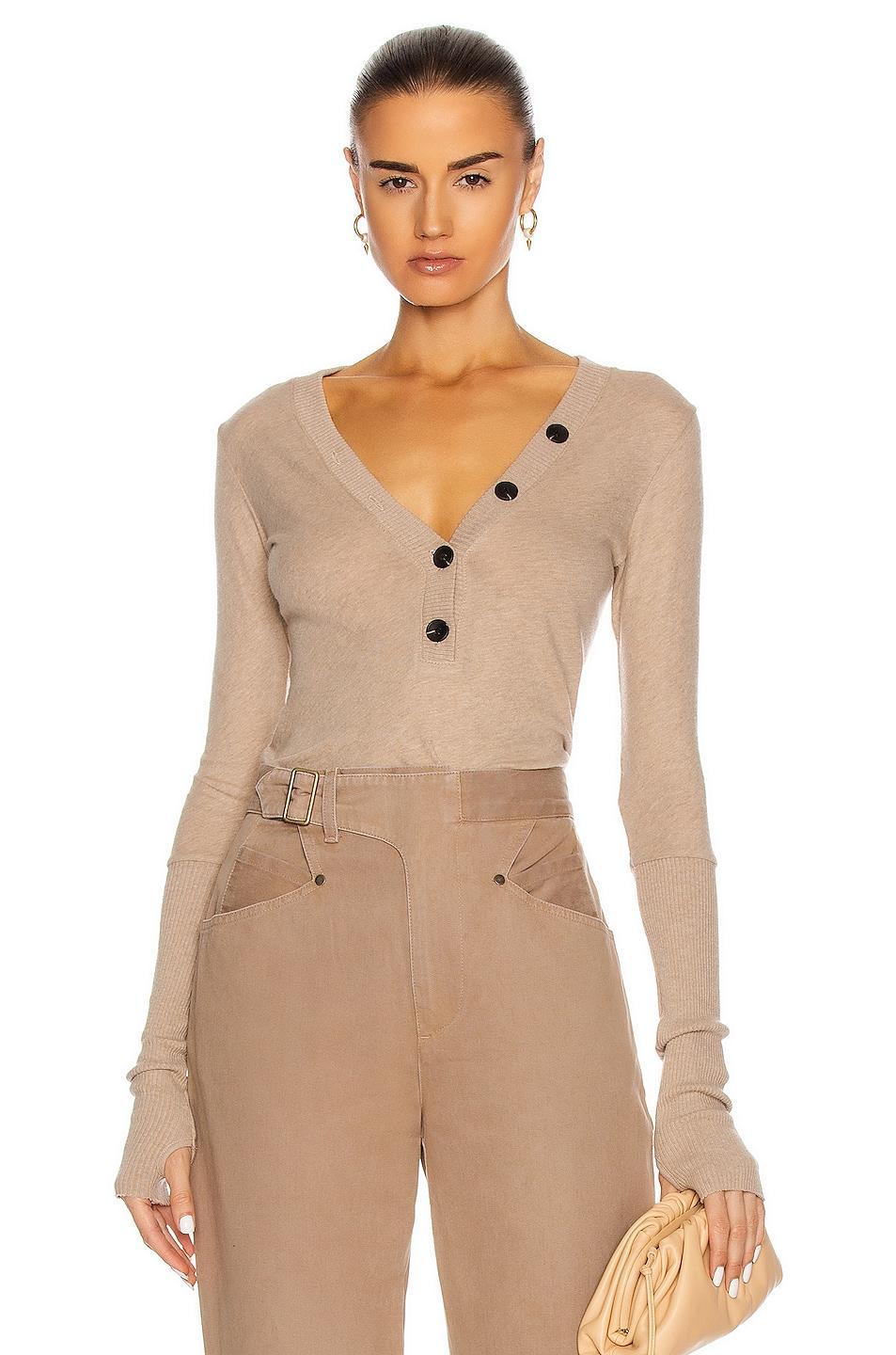 Enza Costa Cashmere Long Sleeve Cuffed Henley Top Tan. (also in M, S, XS). Product Image