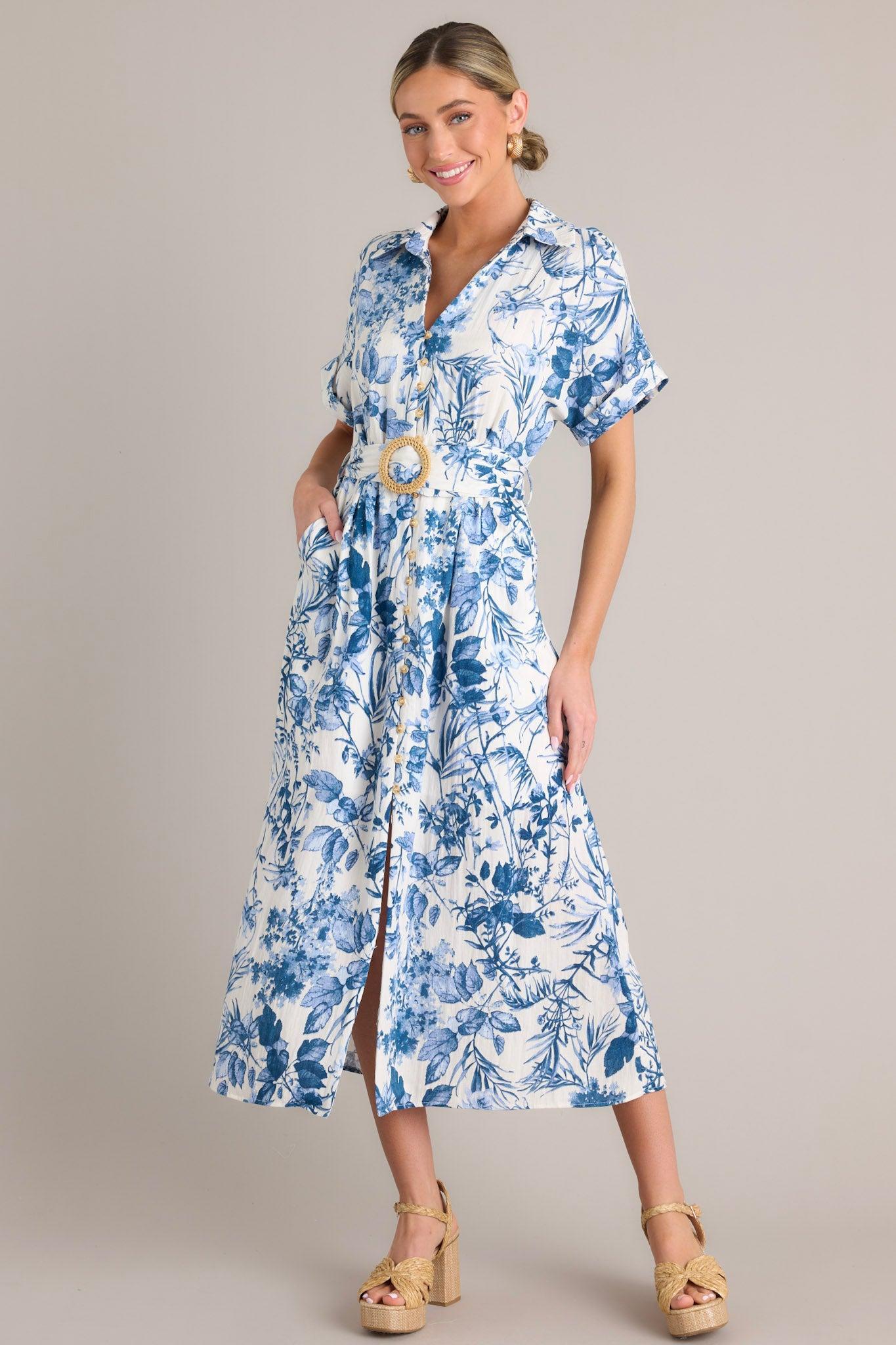 Springtime Splendor White & Blue Floral Belted Midi Dress Product Image