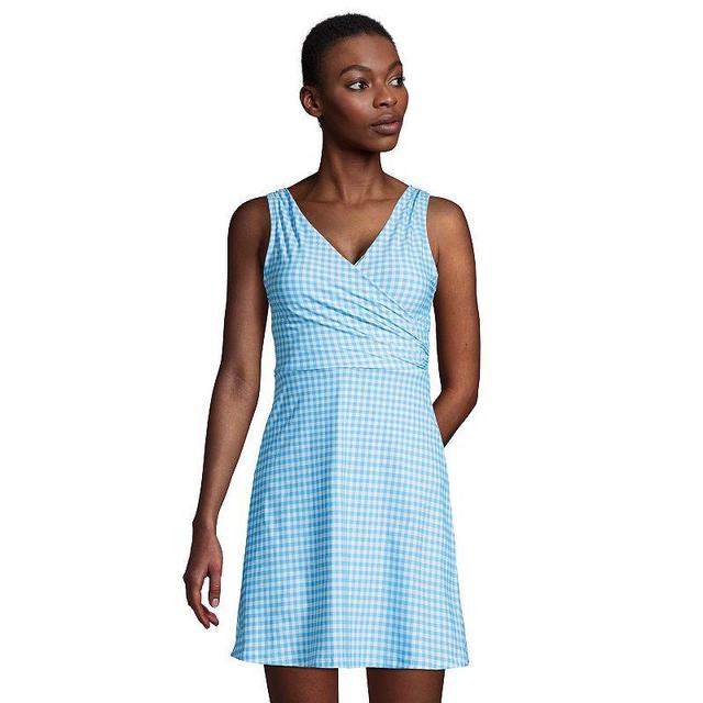 Womens Lands End DDD-Cup UPF 50 Tummy Control Surplice One-Piece Swim Dress Blue Gingham Product Image